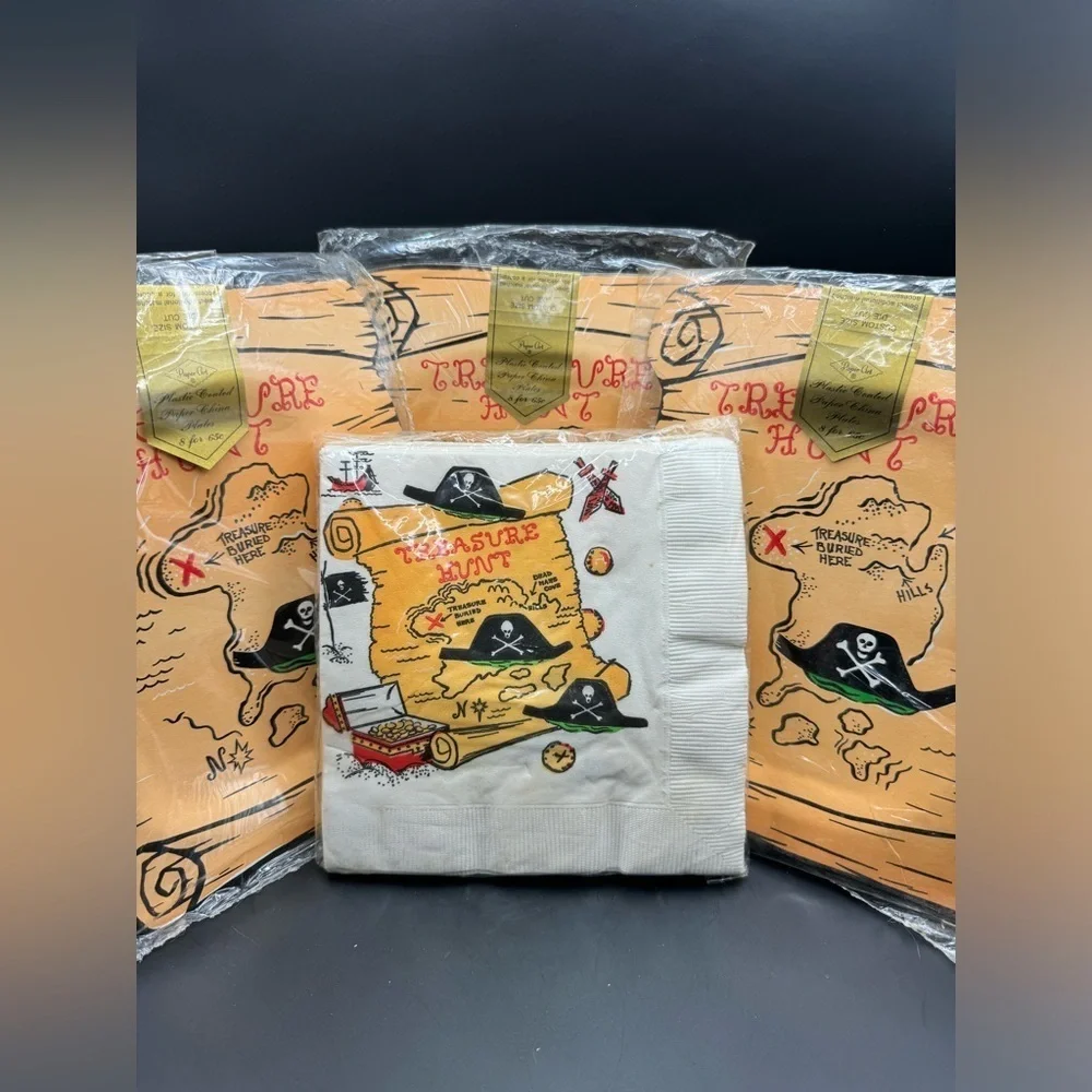 Vintage NOS Pirate Party Supplies Plastic Coated Paper Plates and Napkin Set